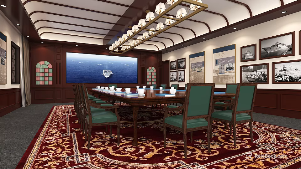 Elegant Conference Room With Long Table Green Chairs Large Screen And Decorative Paintings 3d model 