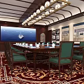 Elegant Conference Room With Long Table Green Chairs Large Screen And Decorative Paintings
