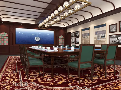 Elegant Conference Room With Long Table Green Chairs Large Screen And Decorative Paintings 3d model