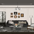 Elegant Living Room Interior With Framed Art Black Sofa Round Coffee Tables Chandelier And Armchairs
