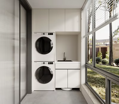 Modern Home Balcony With Washing Machine Dryer White Cabinet Sink Large Windows And Green Plants 3d model
