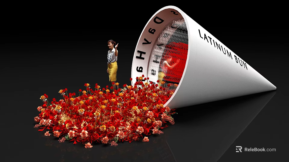 Giant Cone Structure Featuring Latinum Days Text With Scattered Red Orange Flowers And Small Figure 3d model 
