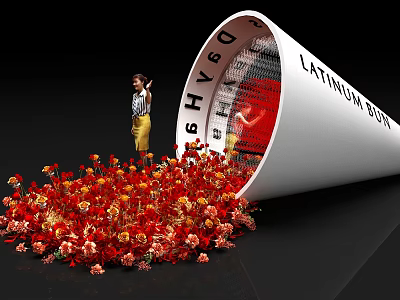 Giant Cone Structure Featuring Latinum Days Text With Scattered Red Orange Flowers And Small Figure 3d model