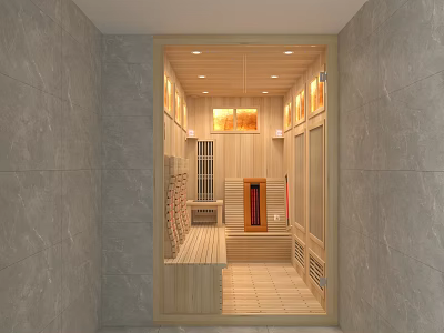 Serene Wooden Sauna Interior Design With Comfortable Benches Heater And Soft Lighting 3d model