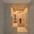Serene Wooden Sauna Interior Design With Comfortable Benches Heater And Soft Lighting