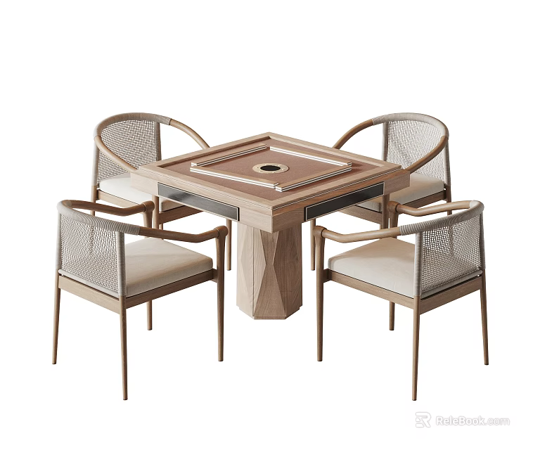 Modern Square Entertainment Table With Wooden Frame Rattan Chairs And Cushioned Seats 3d model 