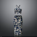 Stylish Blue And White Pattern Two Piece Outfit With Halter Top And Long Skirt