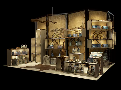 Wooden Display Shelves With Multi Tiered Design Showcasing Dishes And Bags 3d model