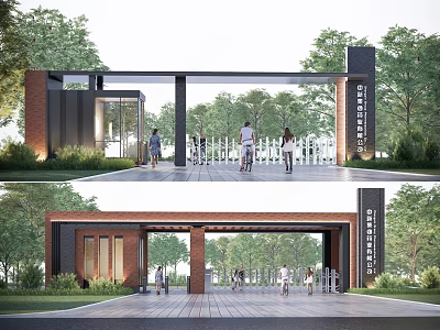 Community Entrance With Brick Columns And Metal Gate For Park Access 3d model