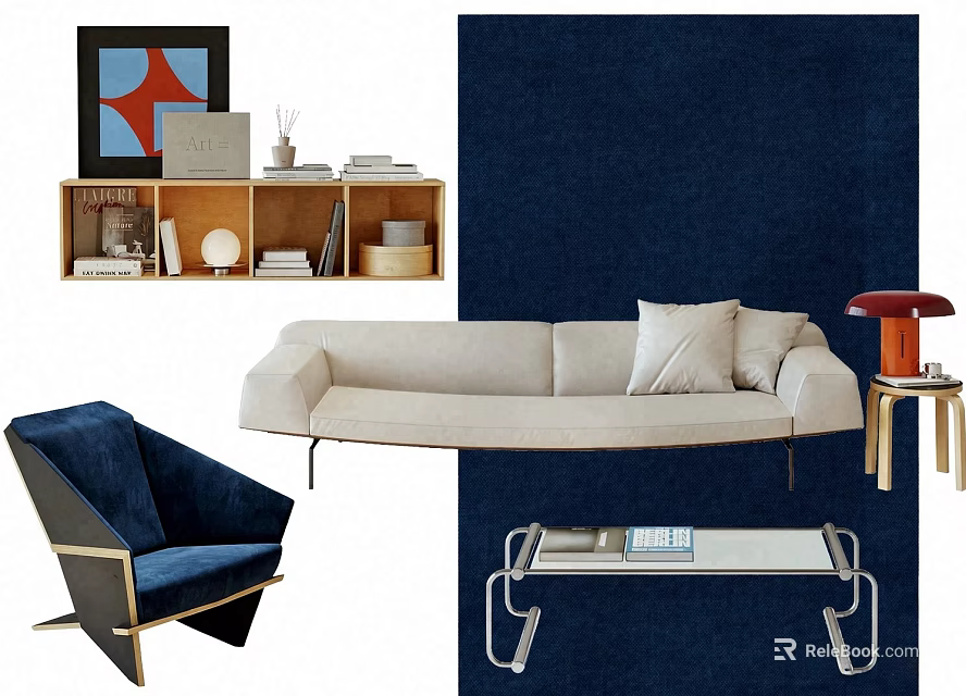 Modern Beige Sofa and Coffee Table Set with Metal Frame Blue Rug and Armchair 3d model 