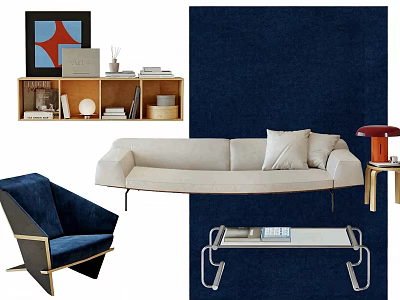 Modern Beige Sofa and Coffee Table Set with Metal Frame Blue Rug and Armchair 3d model