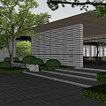 Modern Outdoor Courtyard With Lush Greenery Trees Stone Path And Seating