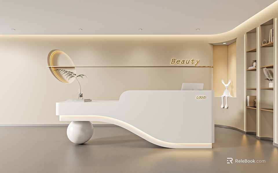 Modern Beauty Salon Interior Design With White Curved Reception Desk Circular Decor And Green Plant 3d model 