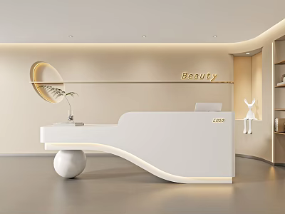 Modern Beauty Salon Interior Design With White Curved Reception Desk Circular Decor And Green Plant 3d model