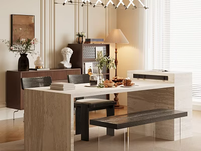 Elegant Modern Restaurant Interior With Marble Dining Table Comfortable Seats And Pendant Lights 3d model