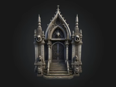 Medieval Gothic Ornate Doorway With Spires Carved Details Stone Statues Cross And Steps 3d model