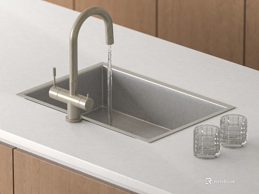 Undermount Kitchen Sink With Faucet Water Flowing On White Countertop And Wooden Cabinets 3d model 