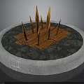 Outdoor Decorative Fire Pit Structure With Circular Stone Base Wooden Platform And Orange Flame Elements