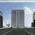 Modern High Rise Residential Building with Greenery Trees and Plaza Under Blue Sky