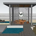 Modern Outdoor Pavilion With Black Slatted Screens Sloped Roof And Wooden Furniture By Swimming Pool