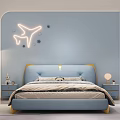 Blue Kids Bed With Gold Accents Modern Children's Bedroom Airplane Neon Light And Star Decorations