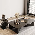 Modern Black Frame Coffee Table with Rectangular Top and Decorative Ornaments on Light Carpet 3d model