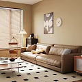 Brown Leather Sectional Sofa In Living Room With Pillows Coffee Table Painting Clock And Blinds