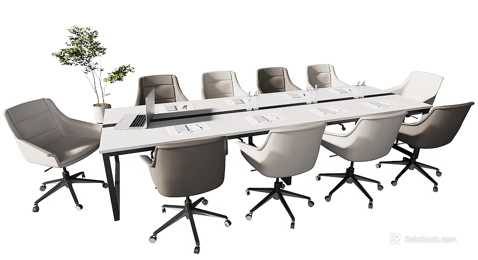 White Modern Office Conference Table With Beige Rolling Chairs Laptop Water Cups And Potted Plant 3d model 