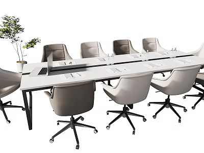 White Modern Office Conference Table With Beige Rolling Chairs Laptop Water Cups And Potted Plant 3d model
