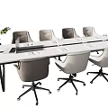 White Modern Office Conference Table With Beige Rolling Chairs Laptop Water Cups And Potted Plant