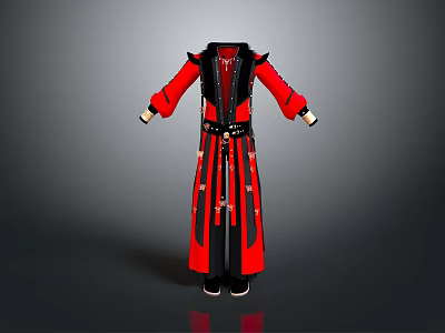 Red And Black Traditional Long Robe Costume With Decorative Belt And Sleeve Details 3d model