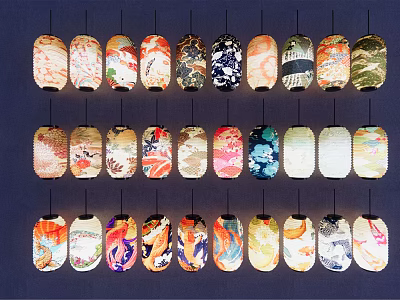 Colorful Hanging Lanterns With Traditional Patterns Display On Dark Background 3d model