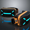 Modern VR Headset With Black Orange Design And Blue Light Accents