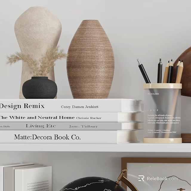 Decorative Ornament Set for Living Room Shelf with Books Woven Vase and Pen Holder 3d model 