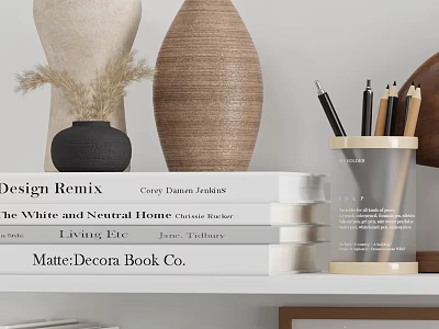 Decorative Ornament Set for Living Room Shelf with Books Woven Vase and Pen Holder 3d model