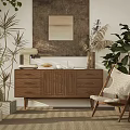 Natural Wooden Chest of Drawers with Green Plants Accent Chair and Decorative Wall Art