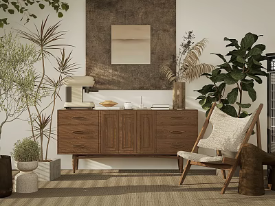 Natural Wooden Chest of Drawers with Green Plants Accent Chair and Decorative Wall Art 3d model