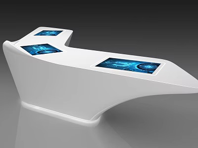 Modern White Reception Desk With Sleek Design And Three Blue Screens 3d model