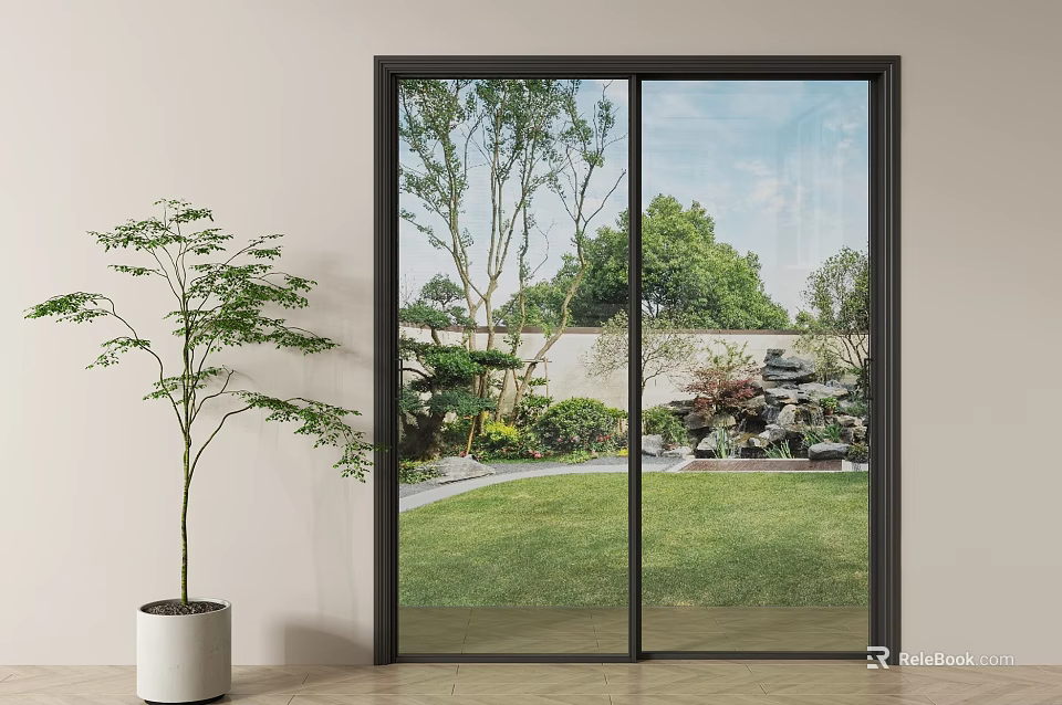 Black Frame Sliding Glass Doors With Garden Lawn Trees And Indoor Potted Plant 3d model 