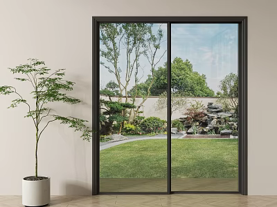 Black Frame Sliding Glass Doors With Garden Lawn Trees And Indoor Potted Plant 3d model