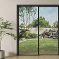 Black Frame Sliding Glass Doors With Garden Lawn Trees And Indoor Potted Plant