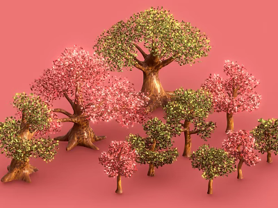 Cartoon Tree Low Poly Tree Red Leaf Leaves Cartoon Leaves Branches Trunk 3d model