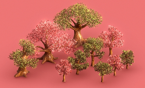 Cartoon Tree Low Poly Tree Red Leaf Leaves Cartoon Leaves Branches Trunk 3d model