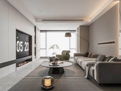 Modern Living Room Interior With Gray Sofa Round Coffee Table Large TV And Natural Light 3d model