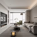 Modern Living Room Interior With Gray Sofa Round Coffee Table Large TV And Natural Light