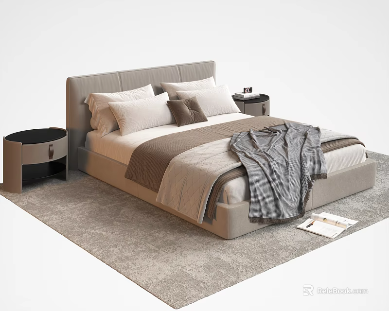 Modern Double Bed with White Brown Pillows Gray Throw and Bedside Tables on Soft Carpet 3d model 