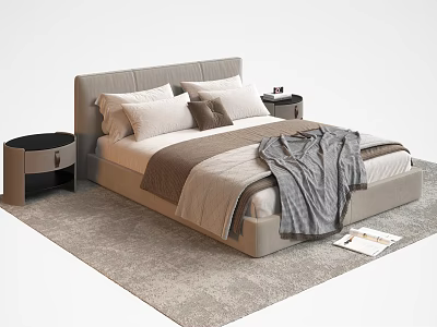 Modern Double Bed with White Brown Pillows Gray Throw and Bedside Tables on Soft Carpet 3d model
