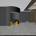 Modern Front Reception Area with Teal Curved Desk Wooden Flooring Geometric Ceiling and Display Screens