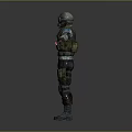 Military Character With Helmet Green Vest And Armor Standing Arms Outstretched Gray Background