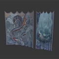 Traditional Water Transport Vessel In Vintage Decorative Artwork With Ocean Waves And Dragons